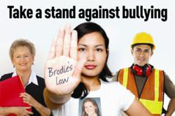 Brodie's Law campaign poster with a construction worker, a young woman and an older lady taking a stand against bullying